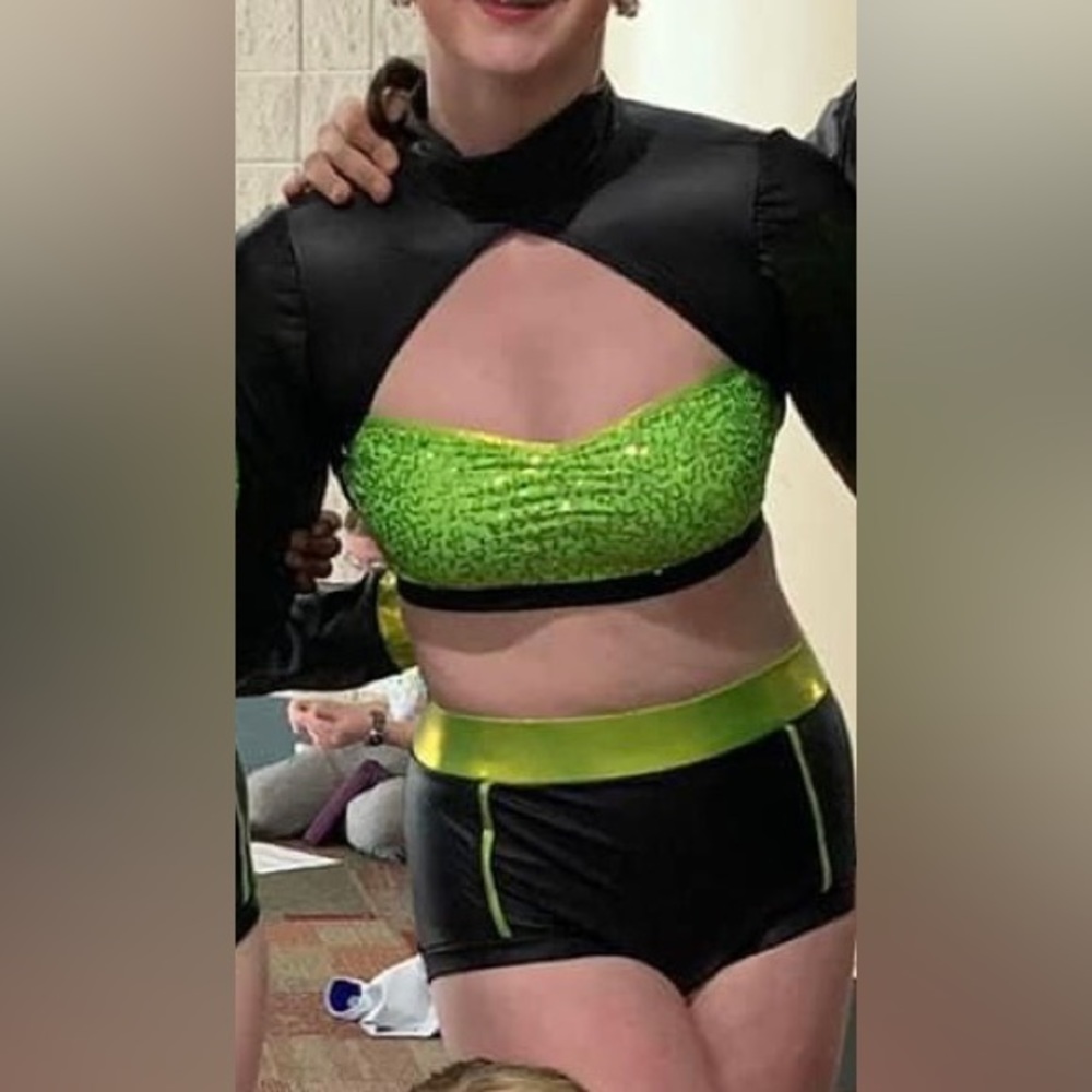 Custom green and black two piece teen dance costume